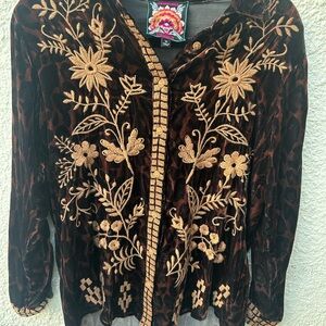 Johnny Was Dark Brown Blouse with Gold Floral Embroidery + Animal Print